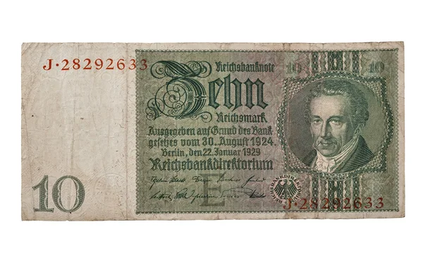 Billets de 10 Reichsmark isolés sur blanc — Photo