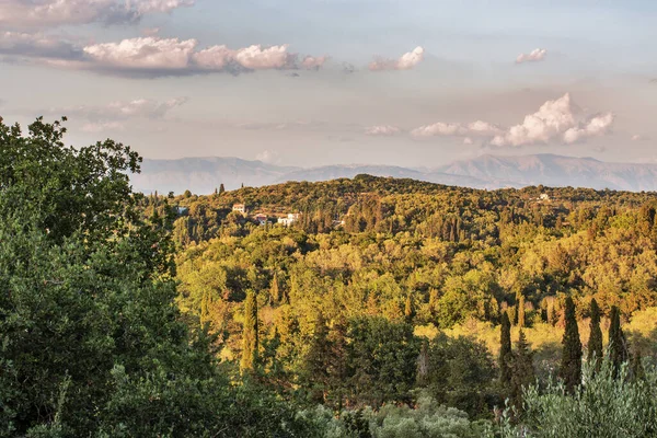 Paisaje Rural Típico Isla Central Corfú Atardecer Grecia — Foto de Stock