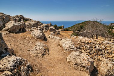 Antik taş harabeleri Angelocastro, Korfu adası, Yunanistan.