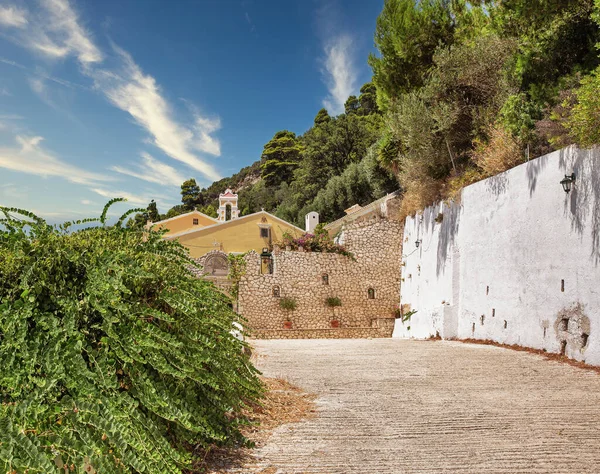 Picturesque Monastery Mirtiotissas Western Corfu Island Coast Greece — Stock Photo, Image