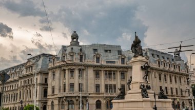 The monument of the liberal Ion C. Bratianu in the University Square in front of the University of Bucharest building.