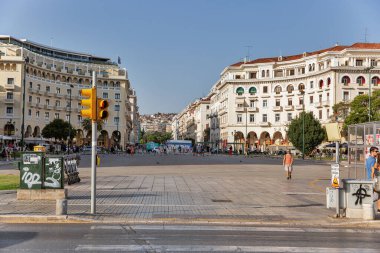 Thessaloniki, Greece - July 27, 2021: Residential and office architecture on Aristotelous Square. It is the second largest city in Greece and the capital of geographic region of Macedonia.