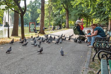 Bükreş, Romanya - 12 Ağustos 2021: Bükreş şehir merkezindeki Cismigiu Gardens parkında halk güvercinleri besliyor. Yapay gölün her tarafına yayılmış halka açık bir park..