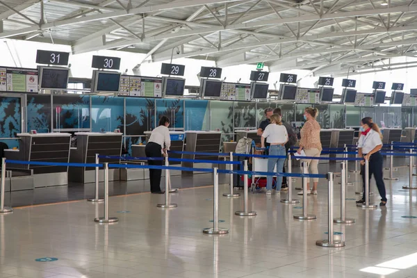 Larnaca Cyprus May 2021 People Visit Check Flight Registration Counters — Stock Photo, Image