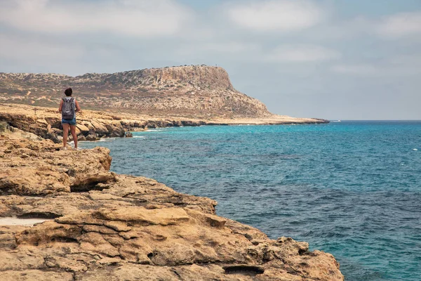 Seascape Cape Greco Peninsula Park Woman Standing Cliff Cyprus Mountainous — Stock Photo, Image