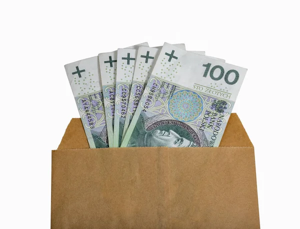 Polonya Zlotisi yüz banknot kağıt zarf üzerinde beyaz arka plan closeup kopya alanı ile izole