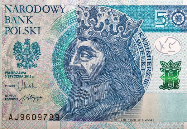 Polish Money Bill Fifty Zloty Macro Portrait King Poland Casimir — Stock Photo, Image