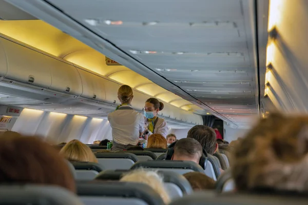 Larnaca Cyprus May 2021 Stewardess Offers Refreshment Cold Hot Drinks — Zdjęcie stockowe