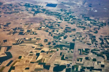 Aerial view over agricaltural region with fields in central Turkey.