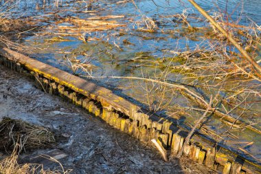 Batı Ukrayna 'daki Virlya Gölü üzerindeki eski kırık tahta köprü..
