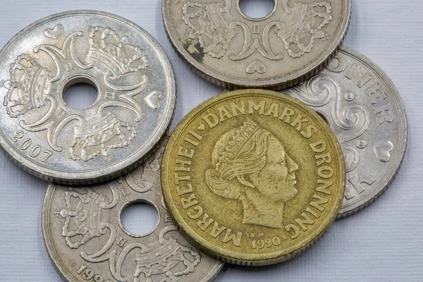 Danish Krone Coins Closeup White Krone Official Currency Denmark Greenland — Stockfoto