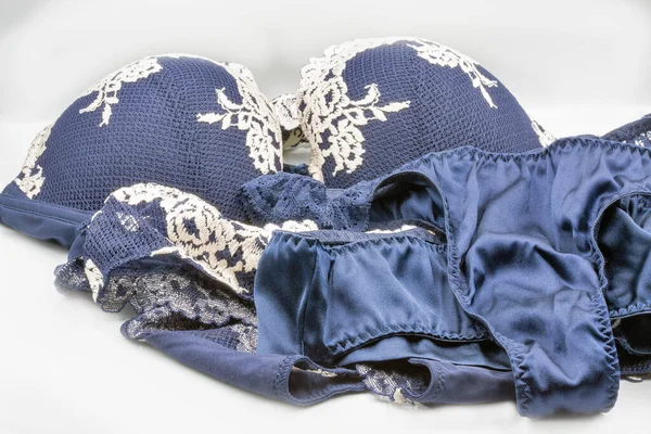 Modrá Krajka Spodní Prádlo Nastavit Detailní Bílou Dámské Spodní Prádlo — Stock fotografie