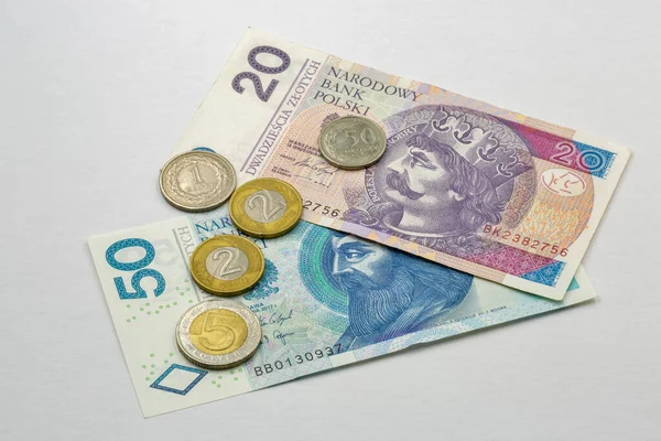 Polish Twenty Fifty Zloty Banknotes Coins Closeup White — Stock Photo, Image