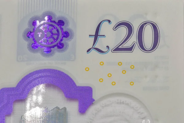 Британские Двадцать Фунтов Стерлингов Фрагмент Банкноты Крупным Планом Белом — стоковое фото