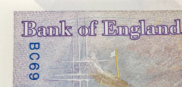 Британские Двадцать Фунтов Стерлингов Фрагмент Банкноты Знаком Банк Англии Крупным — стоковое фото