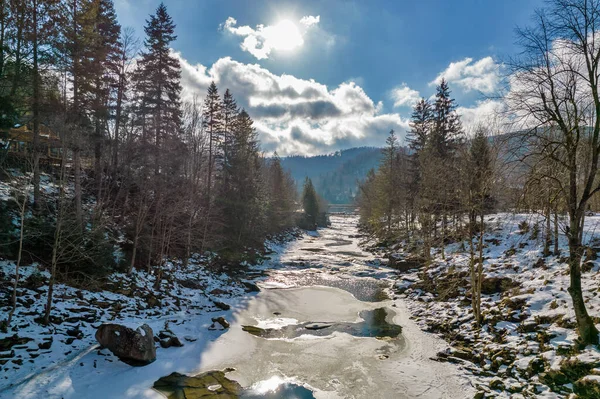 Drone View Landscape Winter Prut River Probiy Waterfall Yaremche Ivano — Stock Photo, Image