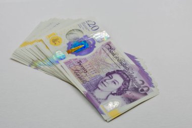 İngiliz 20 sterlinlik banknotlar yakın plan. Kraliçe II. Elizabeth 'in Portresi.