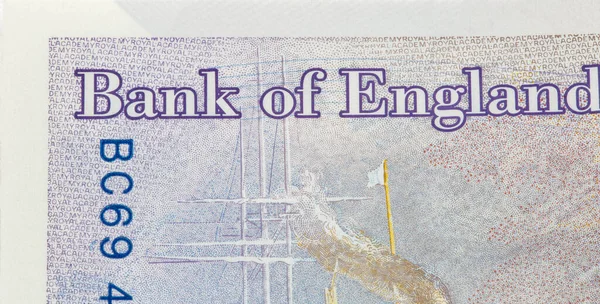Британские Двадцать Фунтов Стерлингов Фрагмент Банкноты Знаком Банк Англии Крупным — стоковое фото