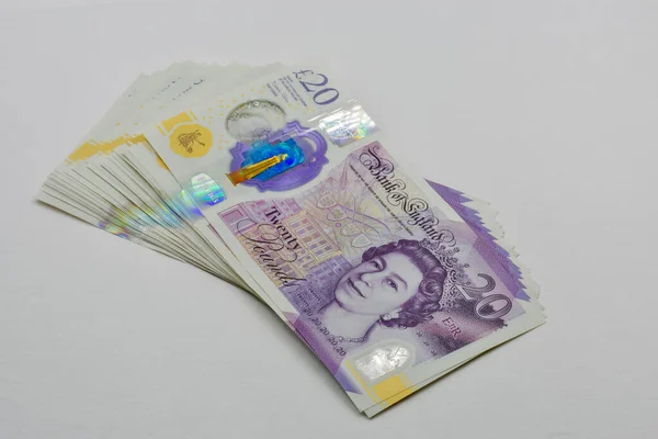 英国20镑的英镑钞票是特写 伊利沙伯二世的肖像 — 图库照片