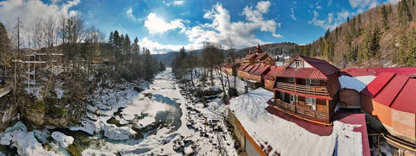 Drone View Winter Prut River Probiy Waterfall Souvenir Market Carpathian — Stock Photo, Image