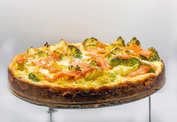 Open Pie Salmon Broccoli Closeup Homemade Quiche — Stock Photo, Image