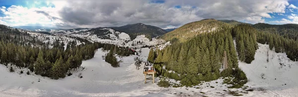 Mountains Range Spherical Panorama Abandoned Ski Jumping Board Winter Resort — Stock Photo, Image