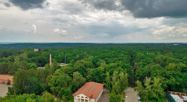 Landscape drone view over Holosiivskyi National Natural Park in Kyiv, Ukraine. Stormy weather.