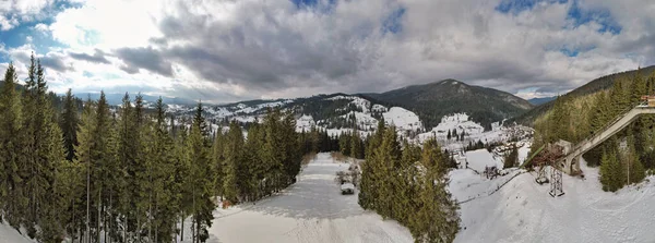 Mountains Range Spherical Panorama Abandoned Ski Jumping Board Winter Resort — Stock Photo, Image