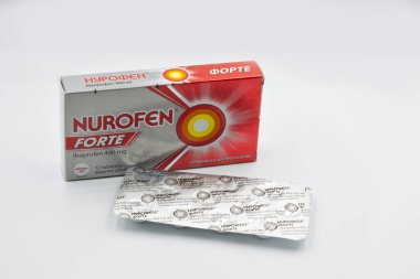 Kyiv, Ukraine - November 21, 2021: Studio shot of Nurofen Forte 400 mg pack closeup against white. Nurofen is an Ibuprofen based tablet used for relieving pain, fever and inflammation.