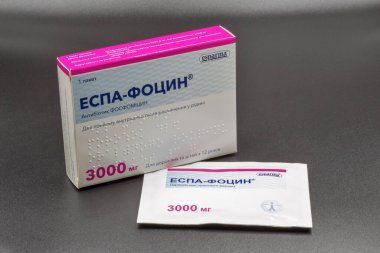 Kyiv, Ukraine - June 26, 2021: Espa-focyn fosfomycin closeup on blachk, antibiotic sachet by Esparma, Germany. It is an antibiotic primarily used to treat lower urinary tract infections.