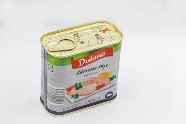 Corfu, Greece - August 05, 2021: Studio shoot of Dulano lancheon meat tin closeup on white. It is a Lidl supermarket own brand.