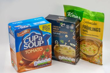 Kyiv, Ukraine - June 02, 2021: Studio shoot of Knorr, Ainsley Harriott and Batchelors instant soup packs set closeup against white.