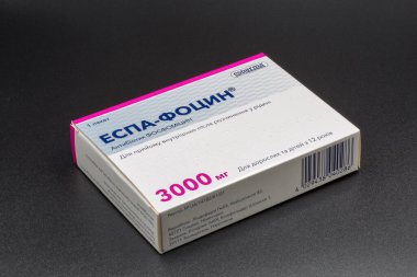Kyiv, Ukraine - June 26, 2021: Espa-focyn fosfomycin closeup on blachk, antibiotic sachet by Esparma, Germany. It is an antibiotic primarily used to treat lower urinary tract infections.