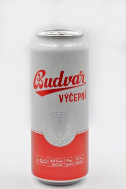 Kyiv, Ukraine - June 18, 2022: Studio shoot of Budvar Vycepni beer can closeup against white. Budweiser Budvar is a brewery in the Czech city of Ceske Budejovice.