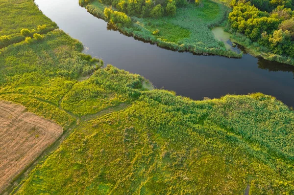 Drone Aerial View Summer Sunset River Ros Landscape Ukraine — ストック写真