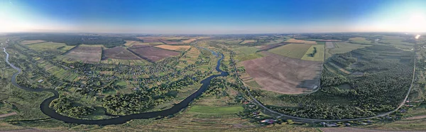 Drone aerial spherical panorama of summer sunset river Ros landscape, Ukraine.