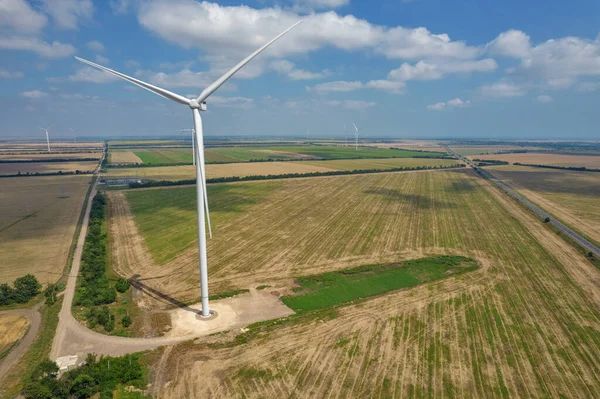 Drone View Wind Farm Turbine Closeup Blue Sky Clouds — Fotografia de Stock