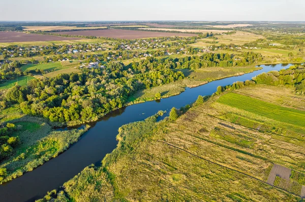 Drone Aerial View Summer Sunset River Ros Landscape Ukraine — Stock Photo, Image