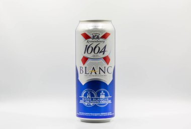 Kyiv, Ukraine - June 26, 2021: Studio shoot of Kronenbourg Blanc 1664 wheat beer with citrus can closeup on white. The company is owned by the Carlsberg Group.