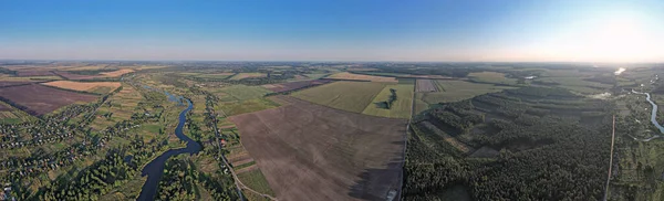 Drone aerial spherical panorama of summer sunset river Ros landscape, Ukraine.