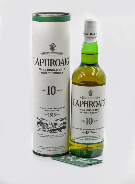 Kyiv, Ukraine - November 06, 2011: Bottle and box of Scotch Single Malt Whisky Laphroaig 10 years old closeup on white. Laphroaig distillery is an Islay single malt Scotch whisky distillery.
