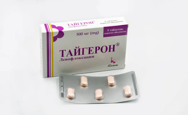 Kyiv Ukraine November 2021 Taygeron Levofloxacin Antibiotic Drug Tablets Blister — Foto Stock