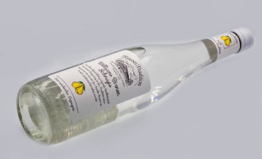 Kyiv, Ukraine - December 4, 2021: Williams Birnen Pear Austrian Schnaps. Schnaps is a type of alcoholic beverage that may take several forms, including distilled fruit brandies, herbal liqueurs.