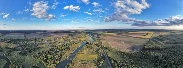 Drone aerial panorama of summer sunset river Ros landscape, Ukraine.