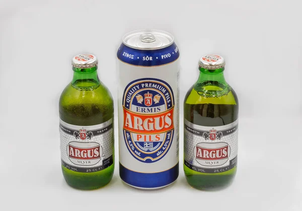 Korfu Görögország Augusztus 2021 Studio Shoot Argus Silver Ermis Beer — Stock Fotó