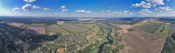 Drone aerial panorama of summer river Ros landscape, Ukraine.