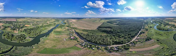 Drone aerial spherical panorama of summer river Ros landscape, Ukraine.