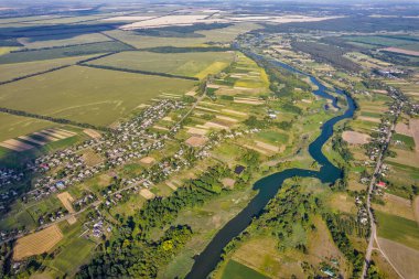 Drone aerial view over summer river Ros landscape, Ukraine.