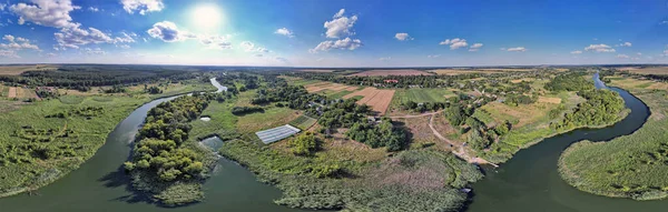 Drone aerial spherical panorama of summer river Ros landscape, Ukraine.