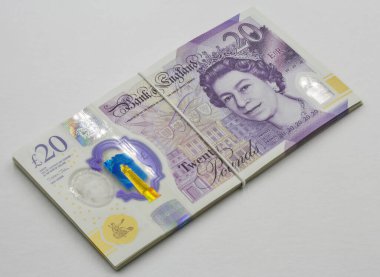 British twenty pounds sterling banknotes closeup. Portrait of Queen Elizabeth II.